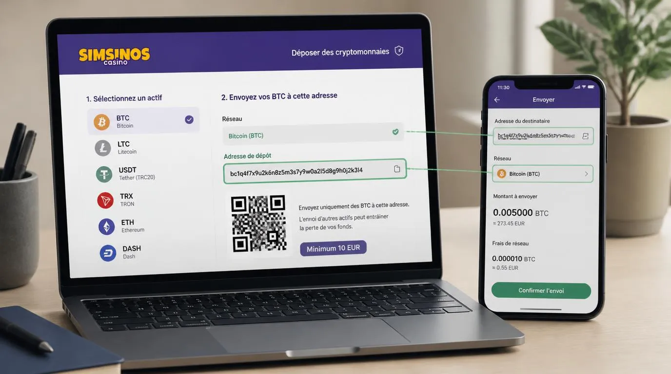 Caisse crypto et portefeuille affichant une adresse de dépôt, le réseau sélectionné et les frais de transfert