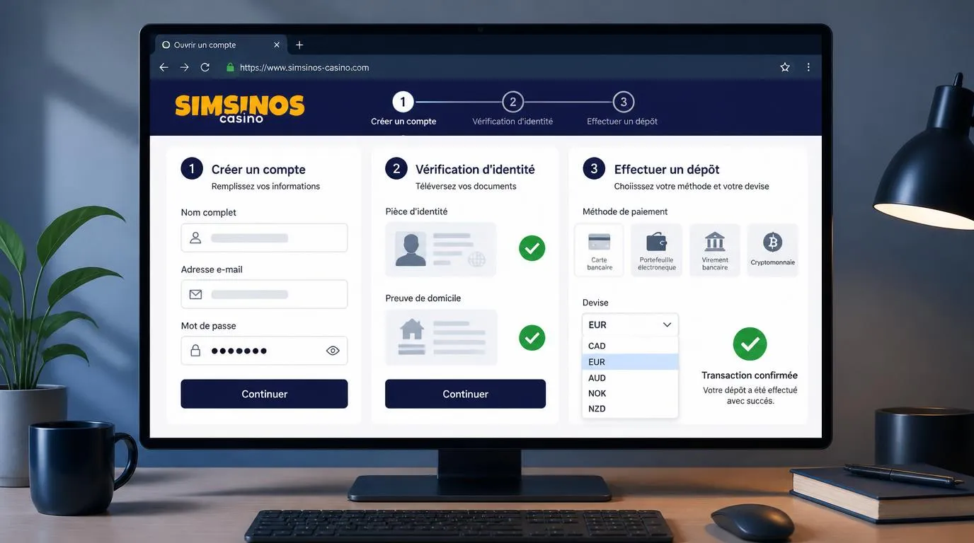 Parcours de création de compte, contrôle d’identité et dépôt avec carte, portefeuille électronique ou crypto