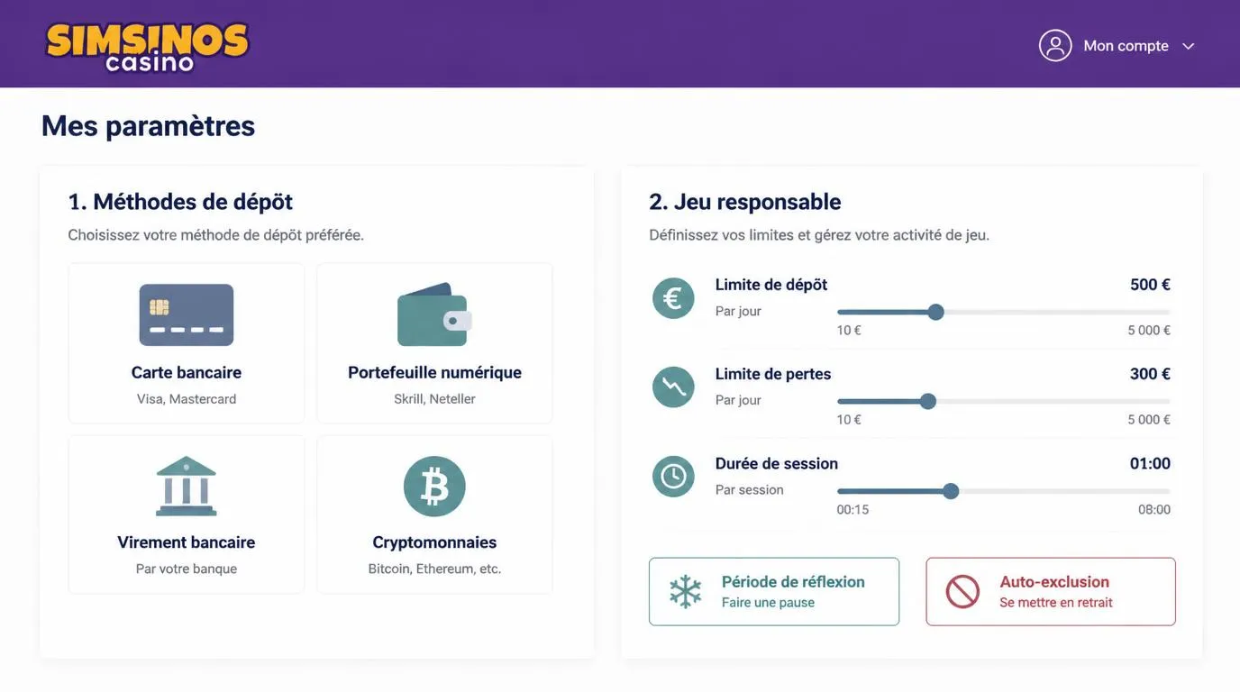Tableau de bord en français présentant les moyens de paiement et les limites de dépôt, de perte et de session