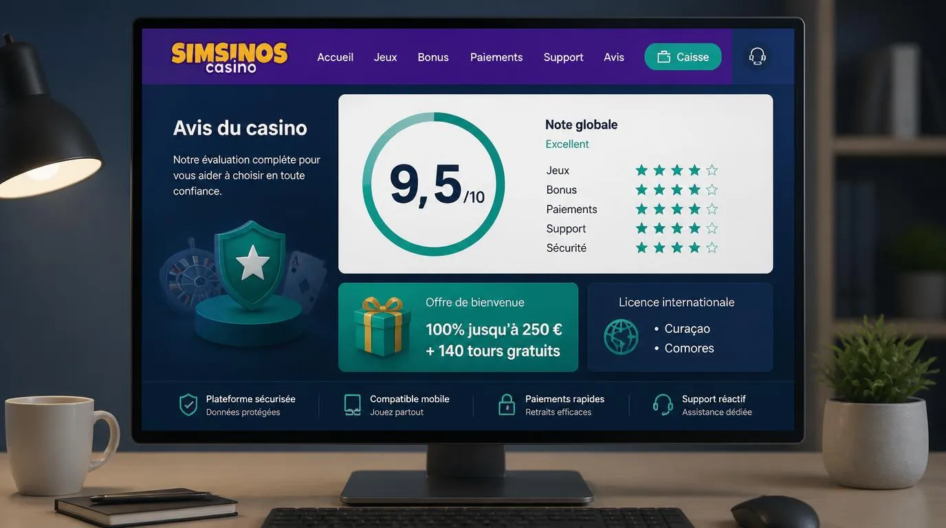 Interface de casino avec une note de 9,5/10, une offre de bienvenue et des références aux licences internationales