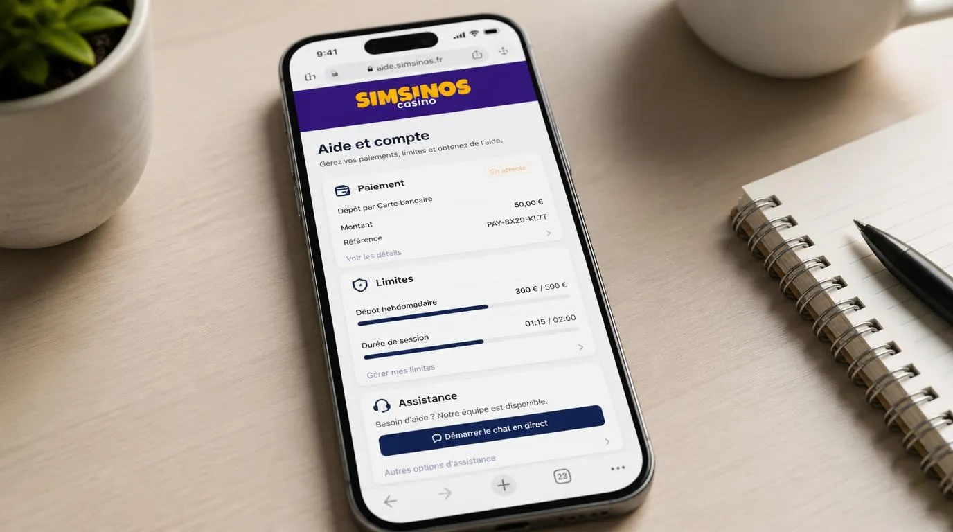Téléphone affichant une aide au paiement, des limites de jeu et un accès au chat