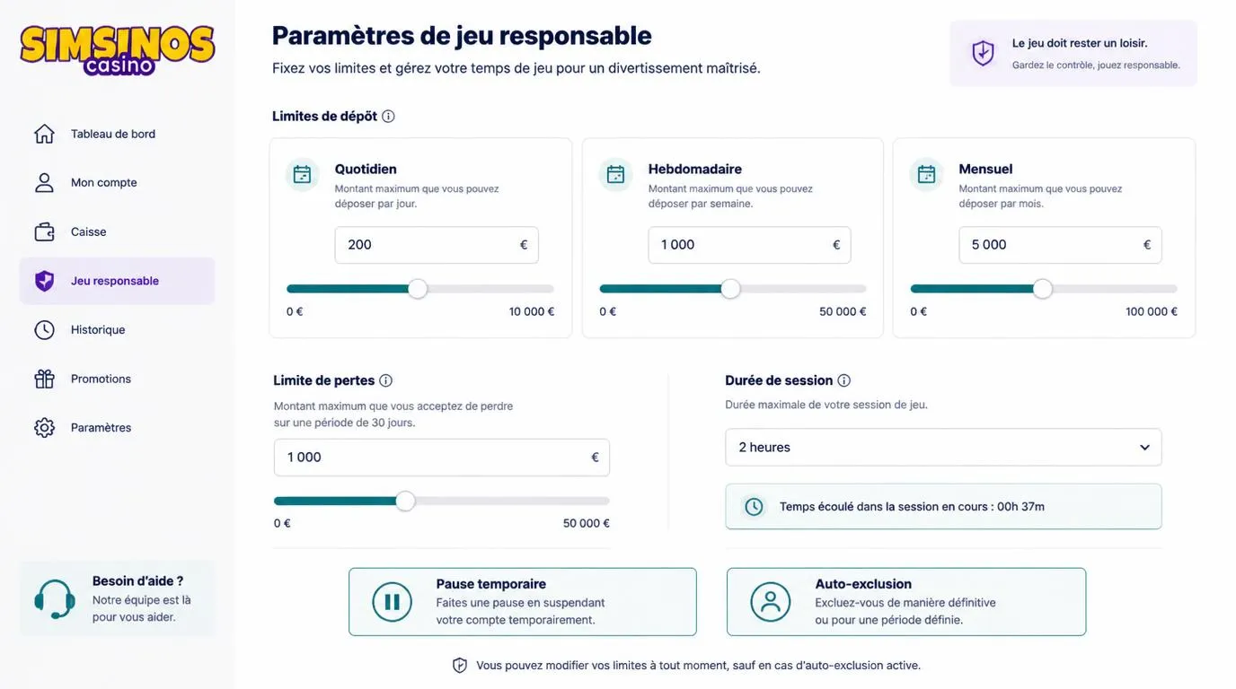 Interface de compte avec plafonds de dépôt quotidiens, hebdomadaires et mensuels et bouton de pause
