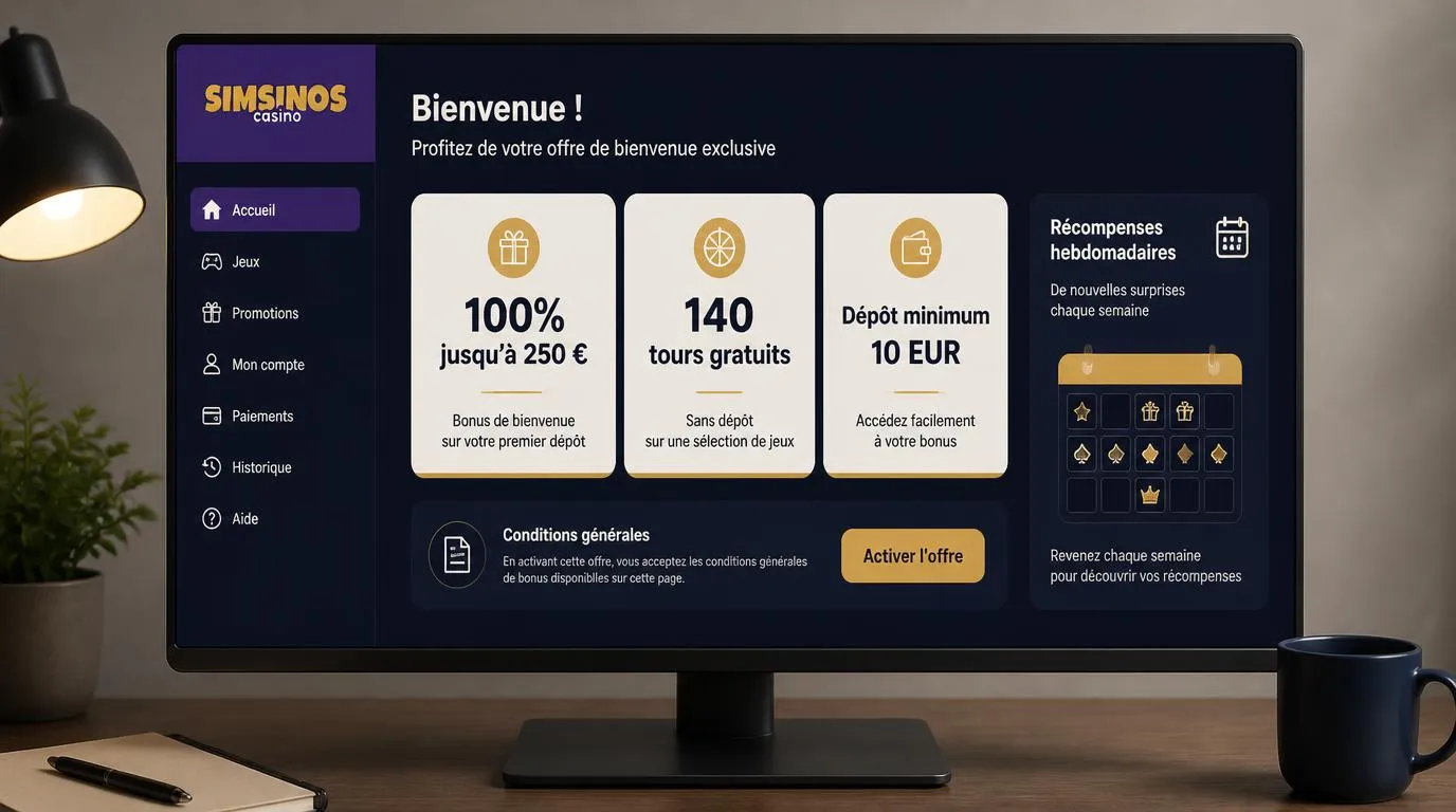 Interface de bonus affichant 100% jusqu'à 250 €, 140 tours gratuits et un dépôt minimum de 10 EUR