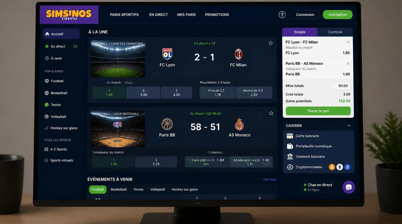 Interface de paris sportifs avec marchés de rencontres, cotes en direct et ticket simple ou combiné