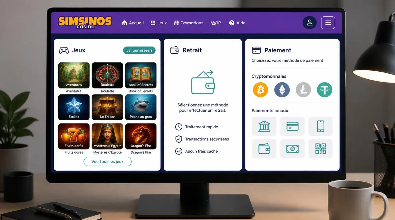 Interface de casino avec catalogue de jeux, panneau de retrait et choix de paiements locaux ou en cryptomonnaies