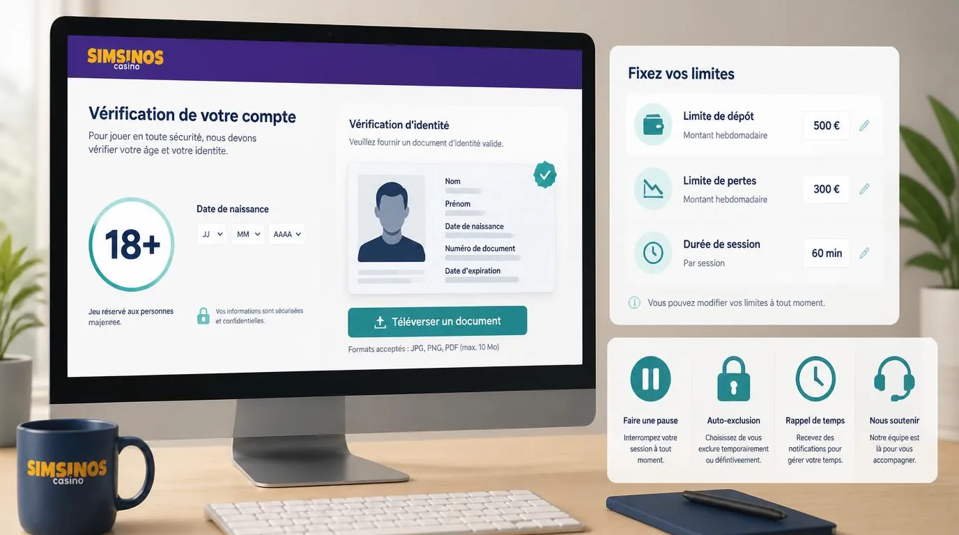 Interface de vérification de majorité avec justificatif d’identité et réglages des limites de jeu